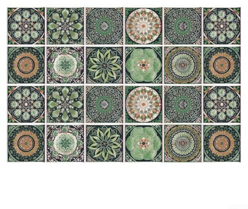 24 x grüne Mandala-Wandaufkleber aus PVC, europäischer Stil, wasserdichte Fliesenaufkleber für Küche, Badezimmer, Heimdekoration, Kunst, Wanddekoration, 10 cm, 15 cm, 20 cm (10 cm)