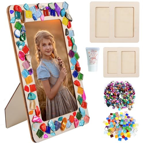 Glasmosaik Bilderrahmen Bastelset für Kinder mit Holzbilderrahmen, Bunte Mosaiksteine, Muschelstücke - DIY Bilderrahmen Mosaik Set Kinder - Handwerk Fotorahmen zum Selbstgestalten für Junge,Mädchen