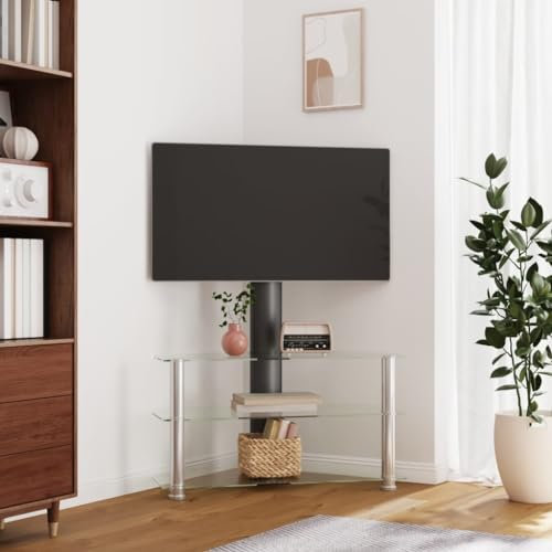 CINDERFUL TV-Eckregal mit 3 Ablagen für 32-70 Zoll Schwarz und Silbern,TVEckschrank mit schwenkbarer Halterung und zusätzlichen Glasregalen für optimale Raumnutzung im Wohnzimmer TV-Möbel, TV-Bänke