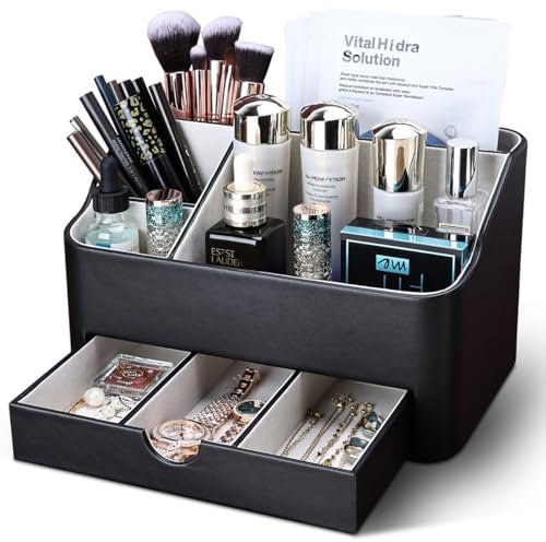 KINGFOM Make Up Kosmetik Organizer, PU Leather Schmink Organizer mit Schublade Skincare Organizer für Schminktisch (Schwarz)