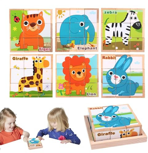 Wooden Cube Puzzle, Wood Block Puzzle, Jigsaw Cubes Puzzles, Educational Jigsaws with Storage Tray, Interactive Learning Woods Blocks Puzzles for Aged 3-6 Years Solving Skills