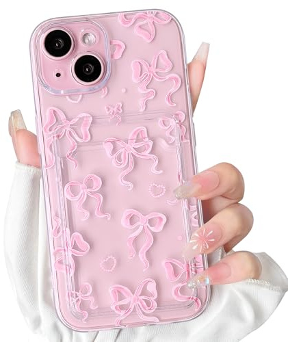 NITITOP Compatible with iPhone 13 Case Clear with Card Holder Cute Bowknot Ribbon Pattern for Women Girls Little Bow Soft TPU Shockproof Wallet Case Protective Cover - Light Pink