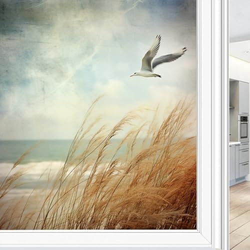 Zeitgenössische Sichtschutzfolie mit Möwe, Wildgrasland, Küsten, Seevögel, Milchglas, Fensterfolie, dekorativ, statisch haftend, für Glas für Zuhause, 45 x 60 cm