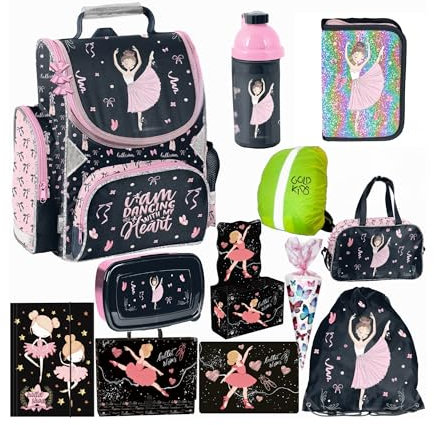 PASO - Schulranzen für Jungen und Mädchen, 13er-Set - Schul-Rucksack für Kinder mit Federmäppchen - Schuhbeutel Trinkflasche und Brotdose - Ballerina Motiv- 1-3 Klasse