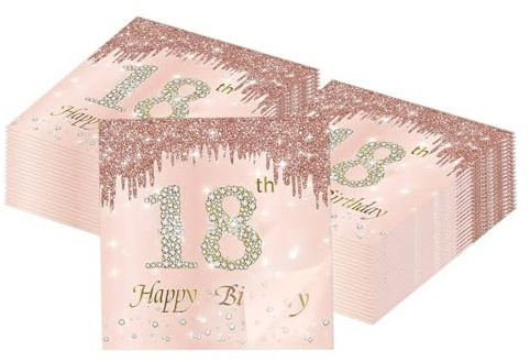 60pcs Tovaglioli 18 Compleanno 18° Compleanno 18° Compleanno Tovaglioli Carta Oro Rosa Tovaglioli Compleanno Happy Birthday 18 Tovaglioli 2 Strati 16.5 X 16.5cm Per Ragazze Donne Anniversario