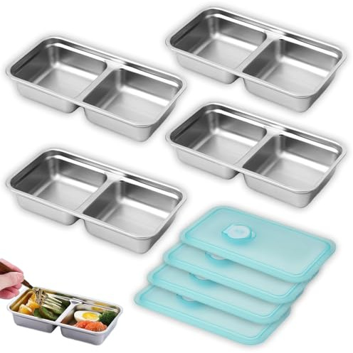 4PCS Reusable Snack Containers with Lids - Stainless Steel Bento Box - Stainless Steel Food Storage Containers, Dishwasher and Suitable for Kitchen Snacks Dips Take Out Travel and Outdoor Camping