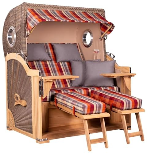 MR. DEKO Strandkorb-Volllieger Baltikum 2,5-Sitzer | Extra Breiter Zweisitzer | aus Teakholz mit Bullaugen | Komplettset inkl. Lifter-System, Schutzhaube, Doppellenkrollen | 142x170x95 cm