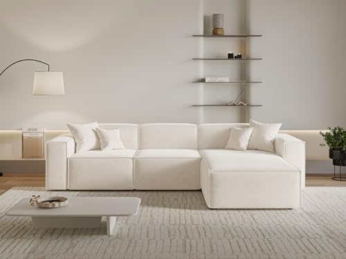 GRAINGOLD Arizona Ecksofa 265x180 cm, L-Form Sofa, Ecksofa für Wohnzimmer, Velour-Stoff, 3-Sitzer Eckcouch, Modernes Design (Creme, Rechts)