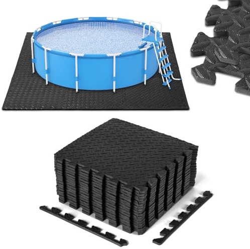 Jaxguom Lot de 18 tapis de piscine d'extérieur - 2,88 m² - 41 x 41 cm - Antidérapants - Isolation thermique - Extensible - Pour jacuzzi et pataugeoire - Noir
