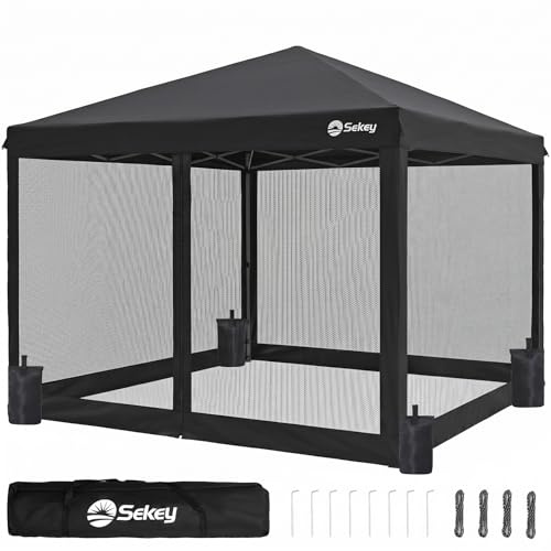 Sekey Pop Up Pavillon 3x3m Wasserdicht Stabil Winterfest mit moskitonetz, Höhenverstellbar Gartenpavillon mit 4 Seitenwänden, Faltpavillon 3x3 mit 4 Sandsäcke, (Schwarz-Insektenschutz)