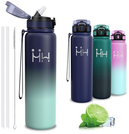 Botella Agua Acero Inoxidable, Botella Termica 1 litro, sin BPA, con Pajita | A Prueba de Fugas, Botella Agua Gimnasio, Doble Aislamiento, Cantimplora Acero Inoxidable, para la Senderismo, Correr