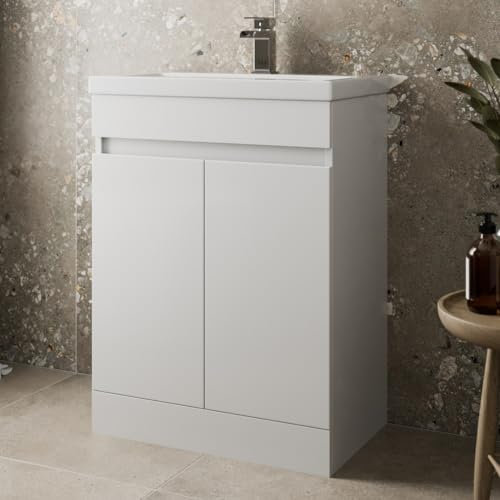 Artis 600mm Bathroom Vanity Unit With Wash Basin Ceramic Sink, 2 Double Door, Cloakroom Storage Furniture Under Basin Cabinet, Floorstanding Cabinets, White Gloss