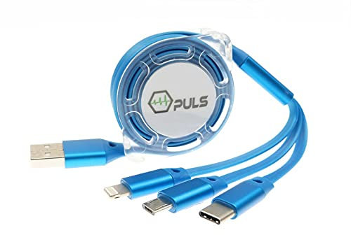 Rollin Multi USB Handy-Ladekabel blau ★ ausziehbar / einziehbar 1,5m rollbar ✓ Ideal für unterwegs im Auto ✓ Multi-Stecker Anschlüsse / Universal-Stecker Kombi / Mehrfach-Stecker ✓ ohne Datenleitung