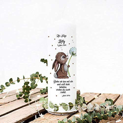 Taufkerze Kerze zur Taufe oder Geburt Kommunionkerze Hase Pusteblume Spruch Wunschname & Datum wk92 ilka parey wandtattoo-welt®