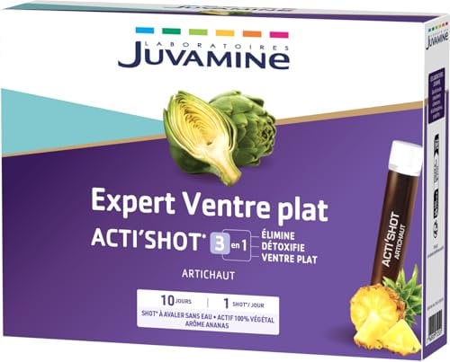 JUVAMINE - Expert ventre plat - Acti' Shot 3 en 1 - Artichaut Minceur - Elimine, détoxifie, ventre plat - 10 jours - Arôme ananas - Format pratique - Fabriqué en France