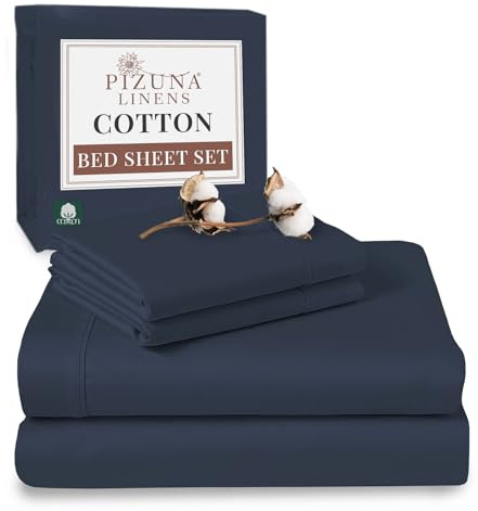 Pizuna 100% Cotton Super King Bed Sheet Set Dark Blue, 400 Thead Count Long Staple Cotton Bedding Set 300x280 cm, Soft Sateen 4 PC King Bed Sheet Set -Fitted Sheet, Flat Sheet & 2 Pillowcases