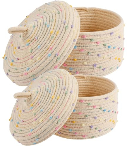 2Pcs Cotton Rope Storage Basket, 18.5cm 23cm Round Woven Shelf Storage Bin with Lid and Carrying Handle, Decorative Closet Shelf Woven Basket for Organizing Snacks Yarns Keys Toys(colorful)