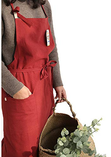 Uheim Hochwertige Schürze aus Leinen, Einheitsgröße, verstellbare Küchenschürze mit großer Tasche, 9 Farben für Damen und Herren, Kittel für Frauen, japanischer Koch-Stil, Schürze für Köche (rot)