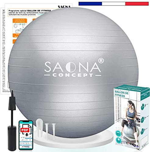Saona Concept Ballon Fitness 55, 65 ou 75 cm avec Pompe | Ballon Gym, Pilates, Grossesse, Yoga, Kinésithérapie | Gym Ball ou Swiss Ball idéal pour Assise Bureau | Jusqu'à 300kg (65 cm)