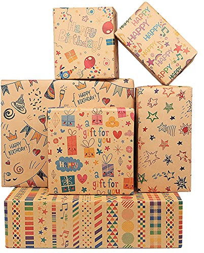 Geburtstag Geschenkpapier,12 Blatt Kraft Geschenkpapier mit Juteschnüren, Aufklebern und Anhängern,Gefaltetes Geburtstags Geschenkpapier,50x70cm Recycling Geschenkpapier für Jeden Geburtstags Anlass