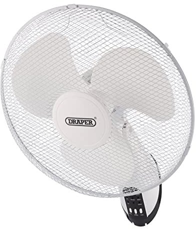 Draper 3 Speed 230V Oscillating Wall Mounted Fan | 16 Inch White Adjustable Tilt Fan | Remote Control Included | 70975