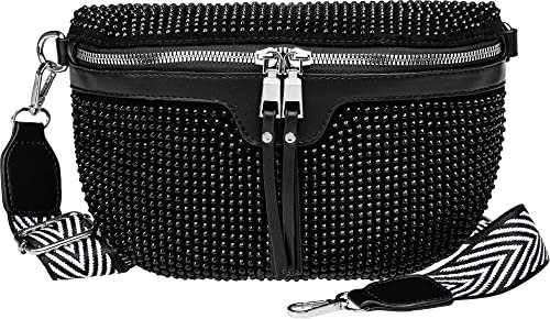 Caspar TS1075 stylische große XL Damen Crossbody Bauchtasche mit Strasspailletten, Farbe:schwarz, Accessoires:One Size