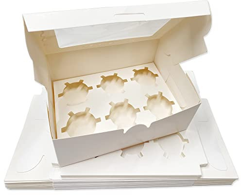HERUIO 20 x 6 Hole Cupcake Boxes With Window and Adjustable Insert Cupcake Carrier for Cupcakes, Cookies, Muffins, Pastries and Donuts - WHITE