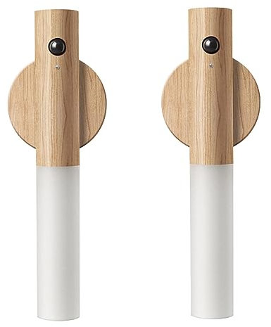 LANDGOO Lot de 2 veilleuses magnétiques à détecteur de mouvement - Éclairage LED rechargeable - Éclairage portable pour escalier - Fonctionne avec piles - Bois de frêne blanc