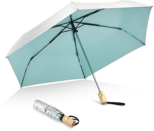 G4Free UPF 50+ UV Protection Travel Umbrella with Wooden Handle, 42 Inch Lightweight Sun Rain Folding Umbrellas Auto Open Close (Lake Blue)