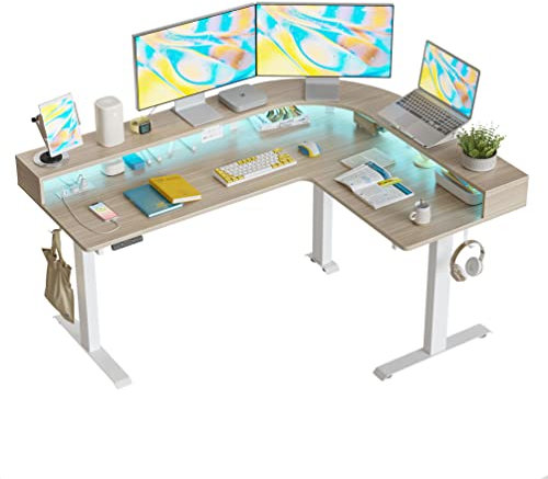 FEZIBO DREI Motoren Schreibtisch Höhenverstellbar Elektrisch mit LED Strip und Stromanschlüsse, L Form Stehpult mit Monitorständer, 160 x 120 cm eckschreibtisch, Weiß Rahmen/HellWalnuss Tischplatte