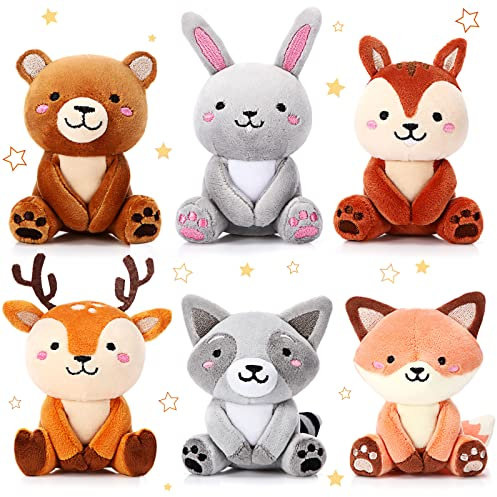 Aoriher 6 Stück Mini Plüschtiere mit Waldtieren 4 Zoll Niedlicher Plüschbär Kaninchen Eichhörnchen Waschbär Gefüllter Schlüsselanhänger für Babyparty Geburtstag Tischdekorationen
