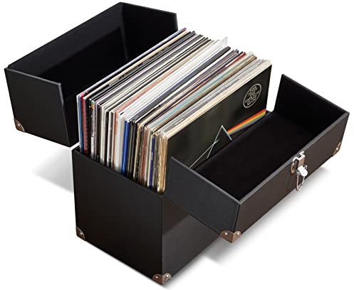 Legend Vinyl-Schallplatten-Aufbewahrungsbox – Vinyl-Aufbewahrungsbox für 12-Zoll-Schallplatten, fasst bis zu 50 LP – mit Öffnung vorne und hinten und klappbaren Paneelen – Flight-Case-Stil