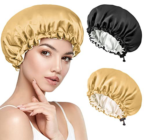 Kiiwah 2 Stück Satin Bonnet, Schlafhaube Seide Doppelschicht Schlafmütze Seidenhaube Zum Schlafen, Silk Bonnet Sleep Cap Verstellbare Satin Haarhaube für Mädchen Dame Schütze Die Haare