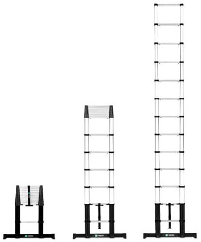 VONROC Profi Teleskopleiter 3,8m 2023, Leiter ausziehbar, Aluleiter klappbar - Ausziehbare Leiter aus Aluminium - Extra leicht, Anti-rutsch, Stabilisatoren und Softclose - EN 131-6 konform