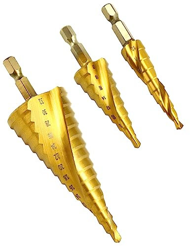 QWORK® 3 Stück Stufenbohrer Set, Spiralnut Stufenbohrer Set, 4 mm bis 12/20/32 mm, HSS Titan Beschichtet, für Holz, Kunststoff, Dünnes Blech