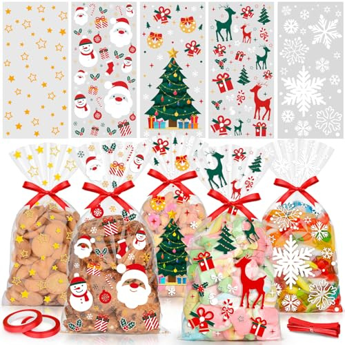 Elidepe Plätzchentüten, 100 Stück Kekstüten Weihnachten, Weihnachtstüten zum Befüllen, Cellophantüten Tüten zum Befüllen, Geschenktüten Weihnachten mit Schleife für Kekse, Schokolade, Süßigkeiten