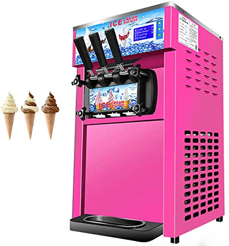 Commercial Ice Cream Machine, 1200W Countertop Soft Serve Ice Cream Maker, 4.7 Gal/H, 3 Flavors Yogurt Maker, Auto Clean, for Snack Bar Café (Pink)