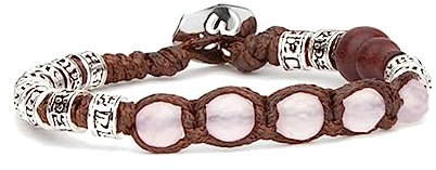 Tamashii bracciale ruota della Preghiera con 5 pietre quarzo rosa multifaceted da 6 mm e cilindri in argento con inciso il mantra.BHS924-S4-33