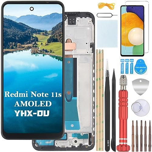 YHX-OU 6.43'' AMOLED Pantalla LCD para Xiaomi Redmi Note 11S 2201117SG 2201117SI 2201117SY 2201117SL Kit de Reparación de Pantalla Táctil Digitalizador con Herramientas+Vidrio Templado(Negro+Marco)