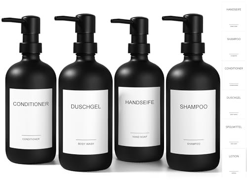 GMISUN Shampoo Flaschen zum Befüllen, 4 Stück 500 ml Duschgel und Shampoo Spender für Dusche, Glas Seifenspender Dusche schwarz matt, Stilvoll Duschspender für Bad, Modern Duschgelspender für Dusche