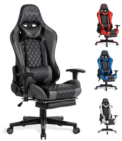 FOXSPORT Ergonomic Gaming Chair, PC Gaming Chair, Executive chair, office chair, Armchair for gaming and work (black grey, With Footrest)