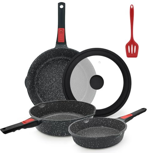 AIKENBBKK Pfannenset 5-teilig, Pfanne 20/24/28 cm mit abnehmbaren Griff Antihaft-Beschichtete Bratpfannenset mit Deckel, Geeignet für alle Herdarten, Backofenfest (Schwarz)