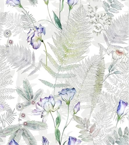 SOEWIOU Floral Peel and Stick Wallpaper,300 * 44.5cm White Floral Waterproof Wallpaper White/Purple/Blue Removable Flowers Plants Contact Paper for Nursery Home Decorations