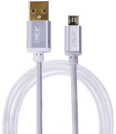 REY Cable USB a Micro USB, Conectores bañados en Oro, Malla Reforzada Trenzada, Color Blanco, 1,5 m