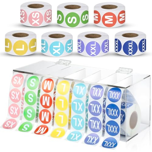3500 Stück Größenaufkleber Etiketten Halter Etiketten Organizer Acryl Aufkleber Rolle Spender T-Shirt Größe Aufkleber für Kleidung T-Shirts Einzelhandel 7 Größen (XS, S, M, L, XL, 2XL, 2XL) (Farbe)