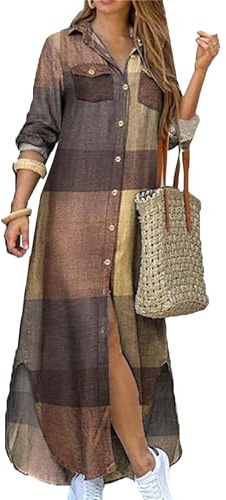 ZICUE Women's Fashion Tie Dye Print Maxi Dress Summer Lapel Button Side Slit Dress with Pockets Khaki XL