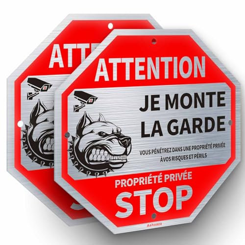 Ashoaza Attention Chien, Panneau Propriété Privée Aluminium, 2 Stop Propriété, Panneaux de Vidéosurveillance Je Monte La Garde Octogonal (Cm 20 x 20)
