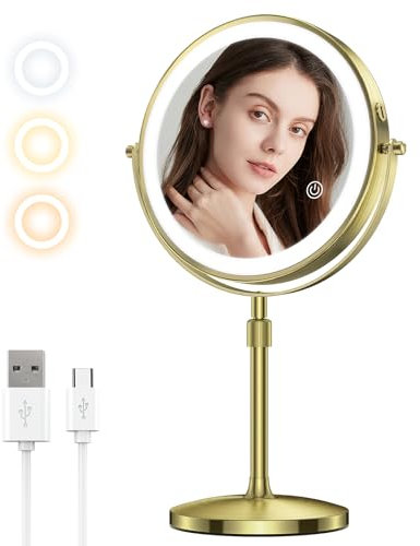 MATEPROX 8'' Kosmetikspiegel mit Beleuchtung, aufladbarer Doppelspiegel mit 1X 10X Vergrößerung & höhenverstellbar, beleuchteter Kosmetikspiegel mit 3 Farben Beleuchtung, Touch Sensor Dimmer-Bronze
