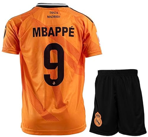PraiseLight R. Madrid Mbappe #9 Orange Auswärts Kinder Trikot mit Kurz, Fußball Set Jugendgrößen (Orange, 140 (6-7 Jahre))