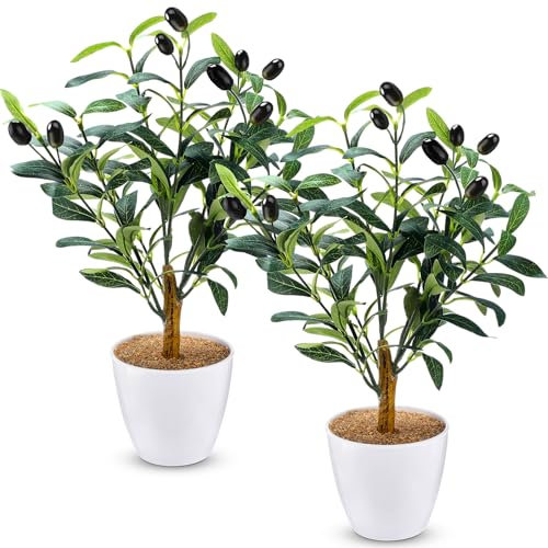 Giegxin Künstlicher Olivenbaum für den Innenbereich, 40 cm, künstlicher Olivenbaum mit weißem Topf, für Zuhause, Büro, Zimmer, Tisch, moderne Dekoration, 2 Stück
